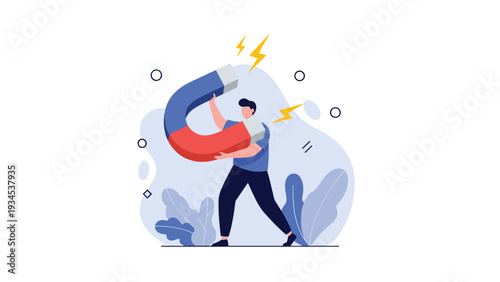 Strong man carries a giant blue and red horseshoe magnet symbolizing powerful attraction, customer acquisition, and effective marketing strategies.