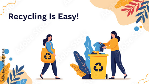 Two environmentally conscious women demonstrate how recycling is easy by properly sorting clothing and using reusable bags for their daily chores.