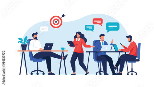 Collaborative office team works diligently at their desks with laptops while focusing on meeting their corporate goals and communication targets.