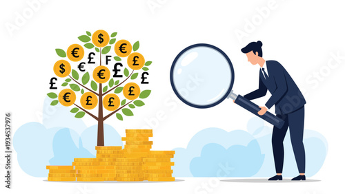 Financial analyst uses a large magnifying glass to inspect the growth of a money tree symbolizing detailed investment research and wealth management.