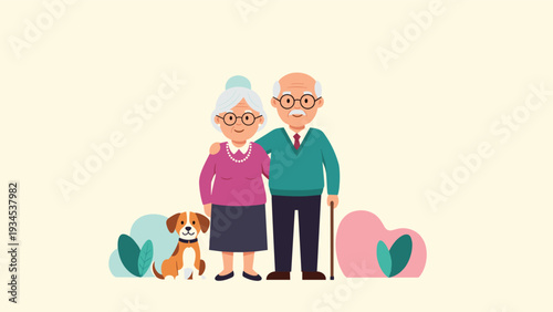 Happy elderly couple stands affectionately together with their loyal pet dog in a peaceful outdoor setting filled with soft colorful shapes.