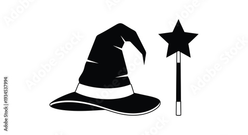 A striking black silhouette depicts a classic witch s hat and a sparkling star tipped magic wand silhouette high quality