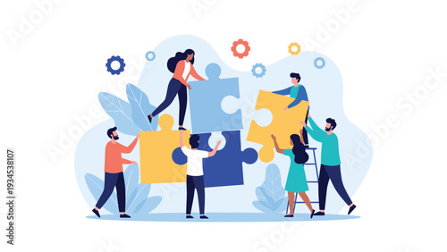 Diverse team collaborates effectively to assemble large jigsaw puzzle pieces representing problem-solving, synergy, and corporate unity.