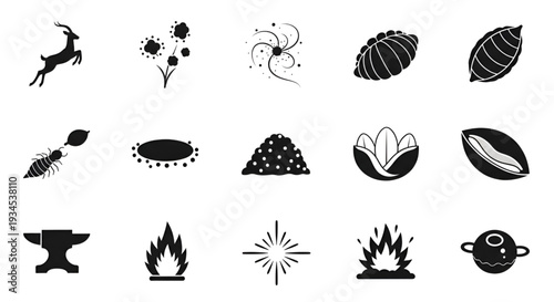 Collection of black and white icons for nature and elements