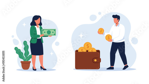 Professional business people managing their personal finances and investments with a large wallet and golden coins for future wealth growth.