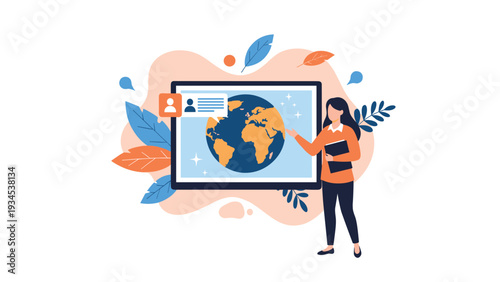 Professional woman pointing at a detailed globe displayed on a digital monitor to explain global connectivity and international communication.