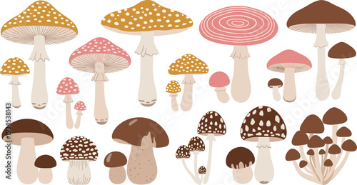Collection of Cute Cartoon Mushrooms in Various Shapes and Colors Hand Drawn Forest Toadstool Vector Illustration Set