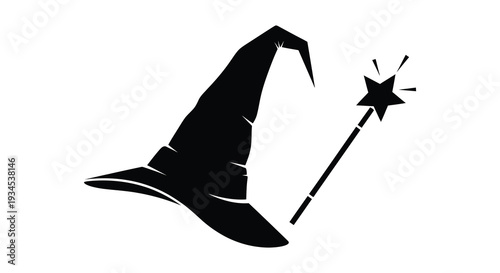 A striking black silhouette depicts a classic witch s hat and a sparkling magic wand against white background silhouette
