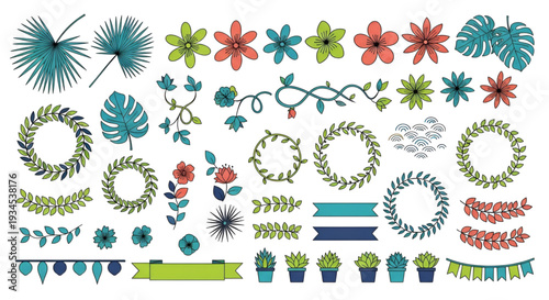 Tropical foliage and floral elements for modern design