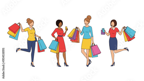 Group of four diverse fashionably dressed women carrying several colorful shopping bags from a successful day of retail therapy and sales.