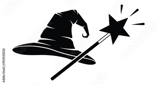 A striking black silhouette depicts a wizard s hat wand and sparkling star evoking magical imagery and wonderment silhouette