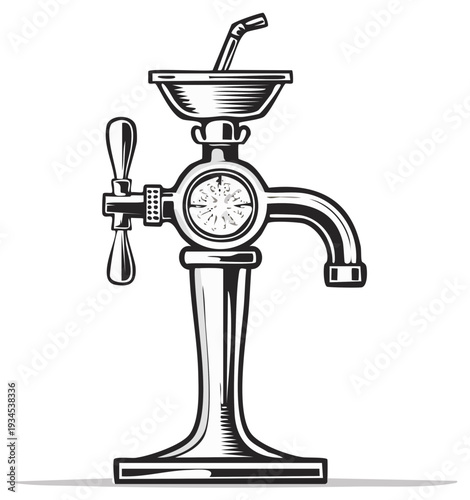 Funnel dispenser with tap handle and integrated timer design in black and white.