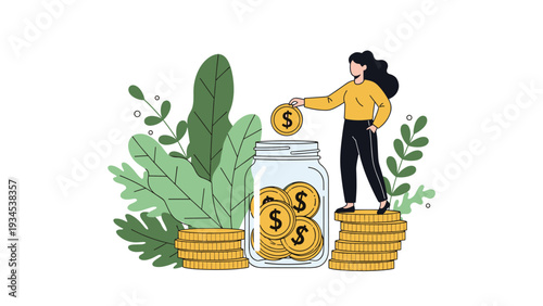 Determined young woman saving money by dropping a golden coin into a glass jar surrounded by stacks of currency for her future goals.