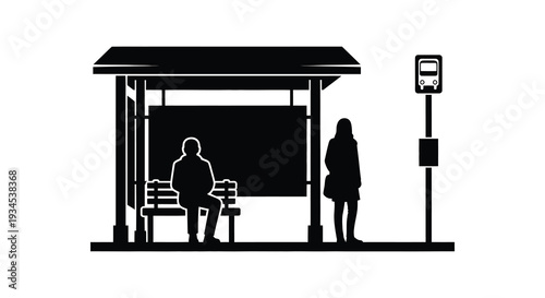 A minimalist depiction of a bus stop with two waiting figures rendered as a stark black silhouette