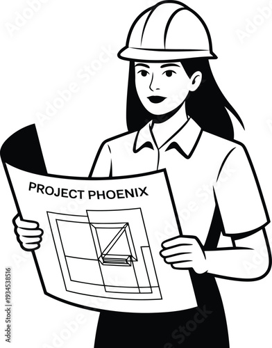 A female engineer reviewing project phoenix blueprints