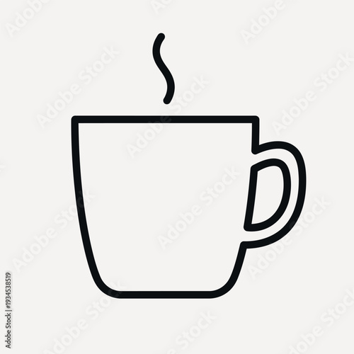 Simple black outline of a steaming coffee cup on a light neutral background hot drink black and white