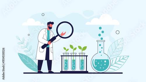 Professional scientist using a magnifying glass to carefully examine green plant seedlings growing in test tubes in a laboratory.