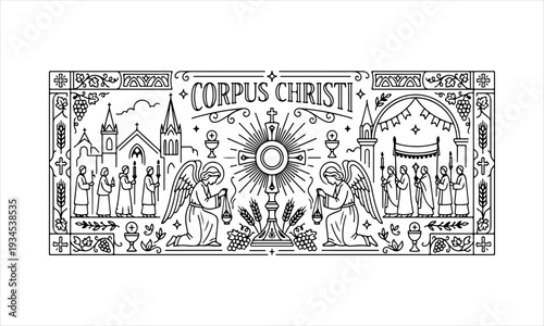 A Professional Religious Corpus Christi Symbol, Showcasing Holy Eucharist Christianity and Digital Spirituality Chalice Host Bread Church Faith Catholic Sacrament Liturgy.