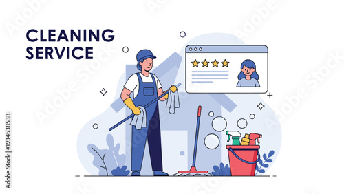 Professional cleaning service promotional banner featuring a uniformed cleaner with equipment and a high customer rating feedback card.