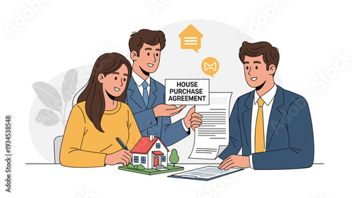 Happy couple signing their house purchase agreement with a professional real estate agent sitting at a desk with a small home model.