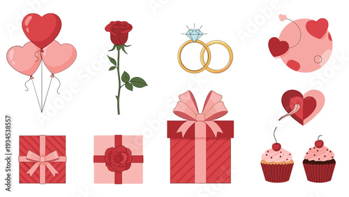 Charming set of romantic valentine icons featuring red hearts a rose an engagement ring cupcakes and several decorative gift boxes.