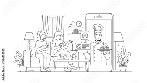Detailed line art of two friends sitting on a couch watching an online cooking class presented by a professional chef on a smartphone.