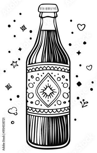 Stylized Outline Soda Bottle Illustration. Decorative Beverage Container Isolated. Black and White Simple Graphic Design for Craft