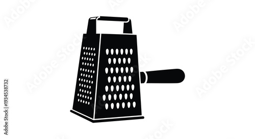 A stark black silhouette of a box grater with a handle showcasing a common kitchen utensil silhouette