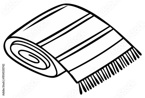 Rolled up towel with fringe and stripes: simple monochrome graphic, minimal line drawing of household linen