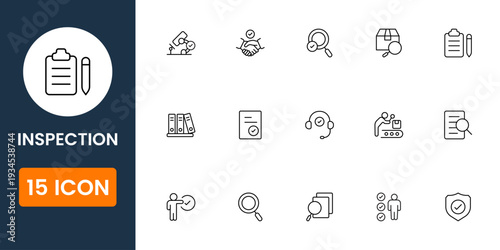 Professional inspection and quality audit icon pack featuring compliance check, report review and verification symbols