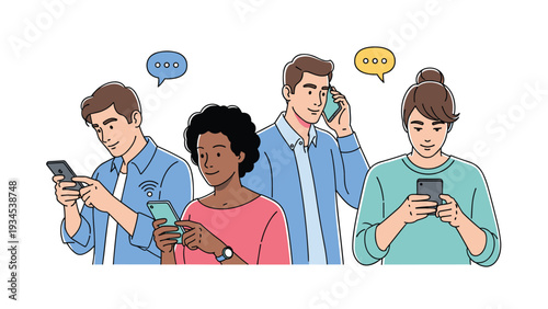 Group of diverse young adults focused on their mobile devices while texting and browsing the internet using wireless connection.