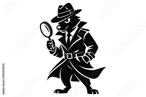 Black silhouette of a cartoon animal detective wearing trench coat and fedora holding magnifying glass illustration