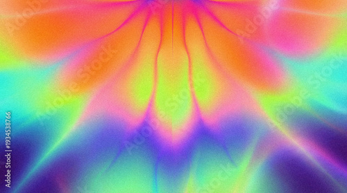 Konstfotografi Radiant neon flower mandala with symmetrical glowing petals in orange-pink-yellow-green-blue-purple gradients