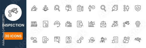 Flat inspection icon collection with audit checklist, quality control and compliance review symbols clean modern vector set