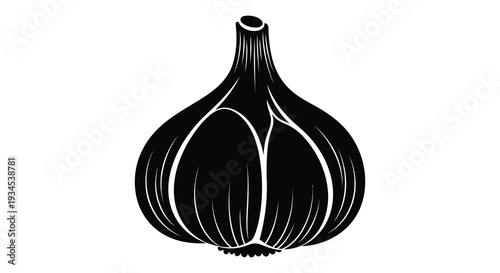 A striking black graphic depicts a bulb of garlic with detailed lines presented as a bold silhouette
