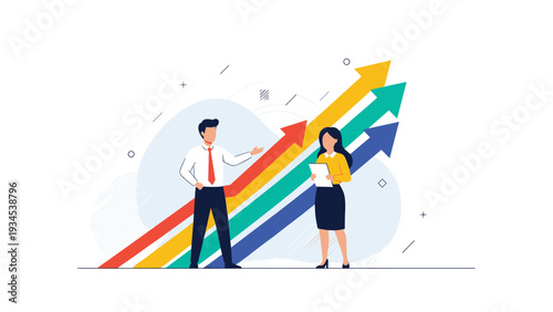 Ambitious business partners discussing strategy in front of multiple colorful arrows pointing upwards to signify rapid growth.