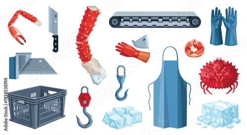 A set of flat design icons for the seafood industry, including king crab legs, processing equipment like a conveyor belt and knife, and accessories such as gloves, an apron, and ice.