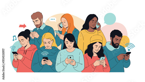 Crowded group of diverse individuals deeply focused on their smartphones while using various mobile apps and social media.