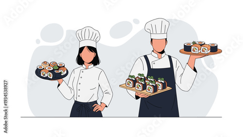 Professional male and female chefs proudly presenting various types of fresh sushi rolls on wooden serving boards.