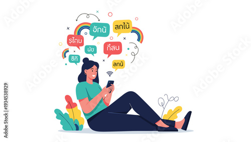 Young woman sitting on the floor and using her smartphone to learn different foreign languages through mobile apps.