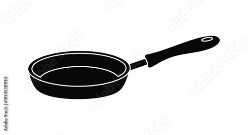 A minimalist depiction of a black frying pan with a long handle against a plain white background silhouette