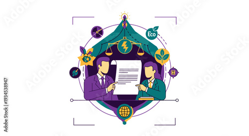 An illustration of two businessmen negotiating an agreement or contract, surrounded by icons representing environmental law, sustainable energy, and global eco-friendly policies.