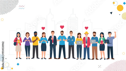 Large group of diverse business professionals standing in a line against a city skyline and showing positive emotions.