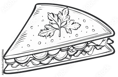 Doodle Sketch of a Delicious Turkey and Swiss Sandwich with Garnished Greens - Line Art Vector Illustration