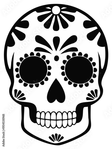 Graphic illustration of a Dia de los Muertos sugar skull design, black and white.