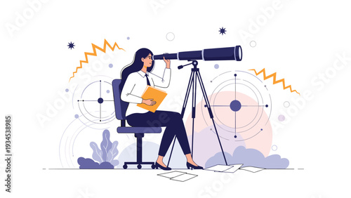Businesswoman sitting at her desk and looking through a large telescope to envision future goals and opportunities.
