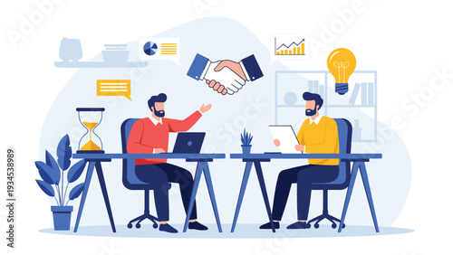 Businessmen working at their desks and reaching a mutual agreement represented by a handshake symbol above them.