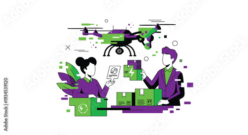 A man and woman in a stylized illustration prepare packages for delivery with a large green and purple drone hovering above them on a clean white background.