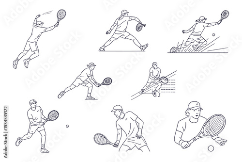 Collection of tennis player line art illustrations showing various dynamic actions like serving jumping and hitting during match