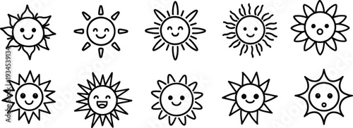 Hand Drawn Happy Sun Face Doodle Illustration Collection,sun face illustration, happy sun doodle, smiling sun graphics, sun face icons, cheerful sun symbols,